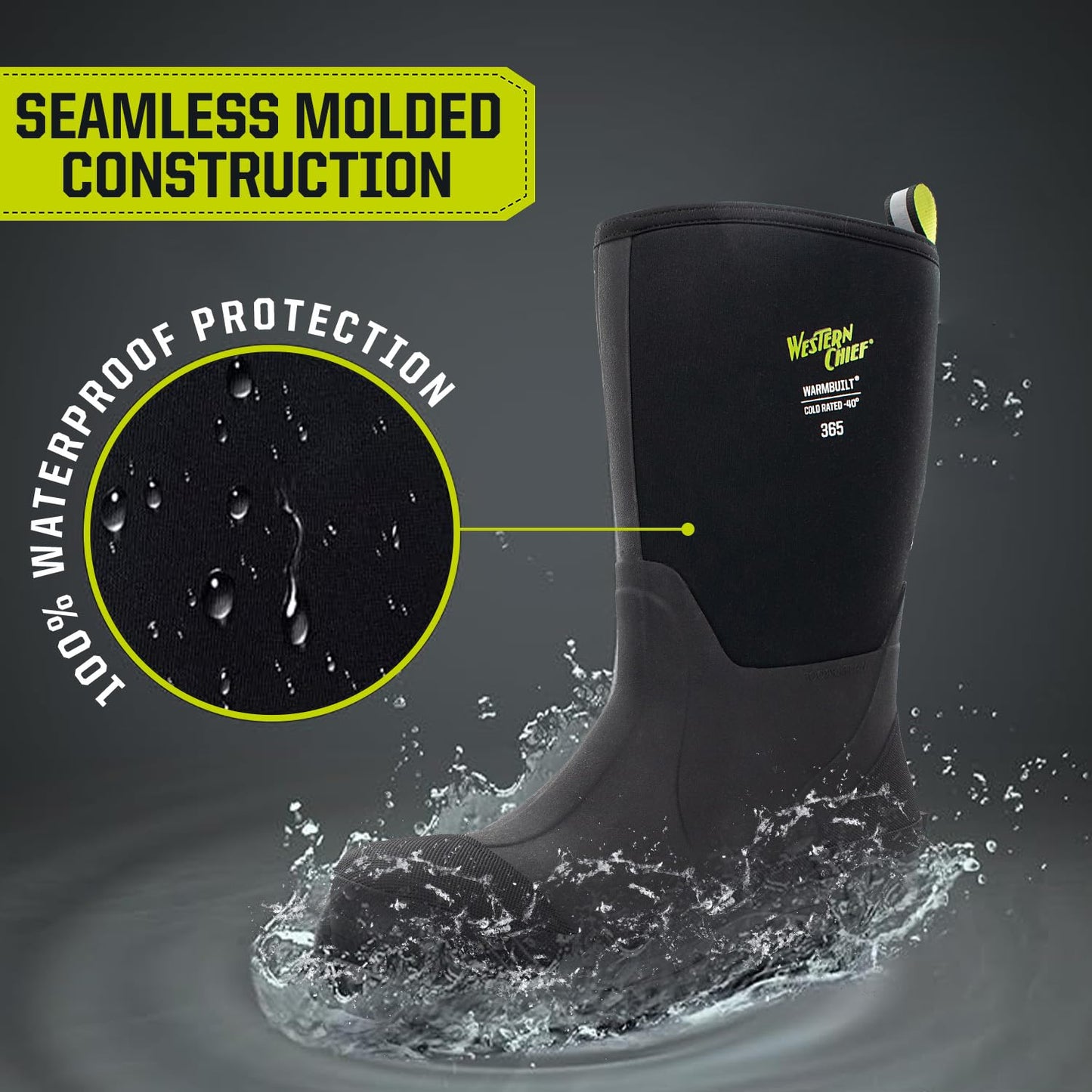 Western Chief Men's 365 Neoprene Rain Boots for Men - 100% Waterproof Rubber Boots for Men with Anti-Slip Outsole - Cold-Rated Muck Boots for Women for All-Weather Protection, Tall, Black, 10