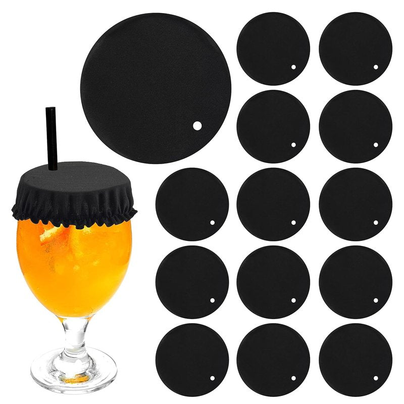 VIKOS Products 15-Pack Drink Cover Scrunchie, Reusable Elastic Cup Cover with Straw Hole for Outdoor Dining, Travel & Parties, Washable Fabric Drink Protector for Cups & Glasses - Black