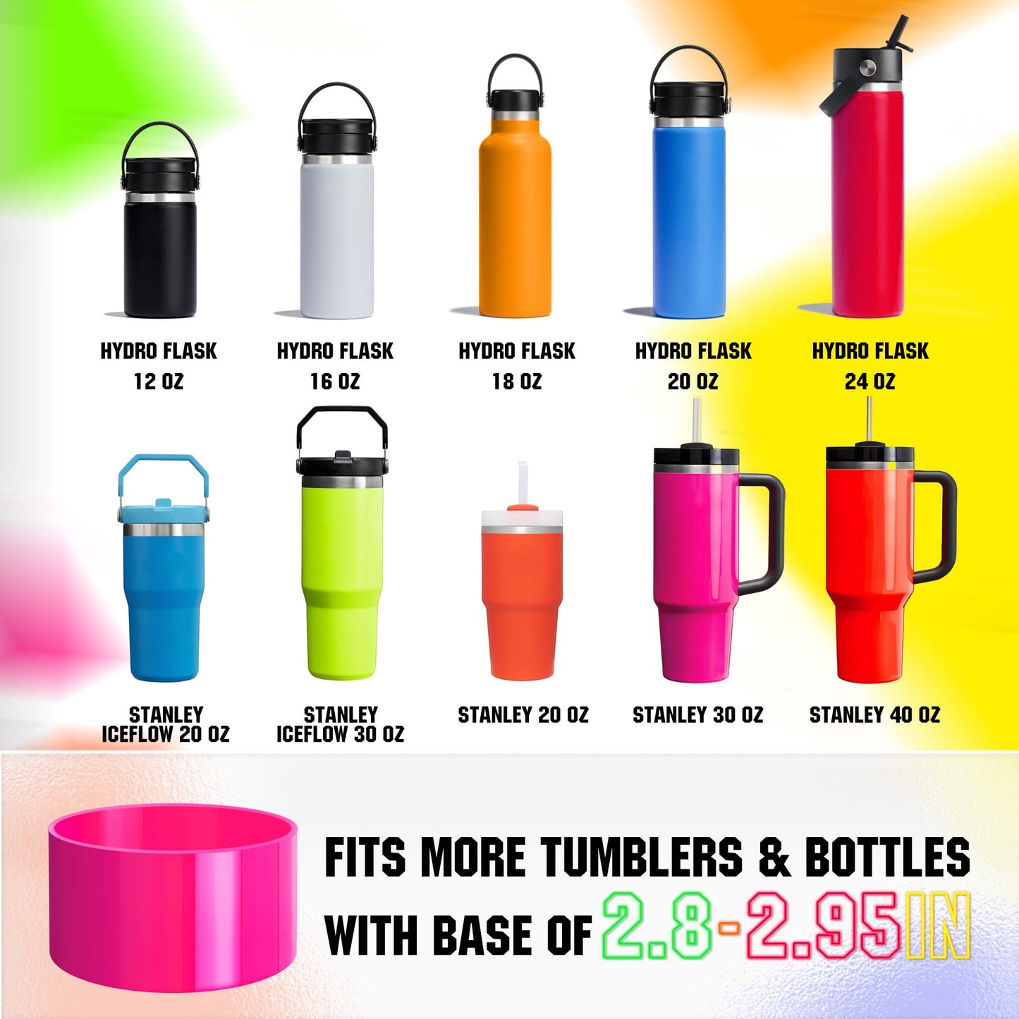 Neon Protective Silicone Boot for Stanley Cup 20-40oz, Hydro Flask 12-24oz & Simple Modern 20-40oz, Antislip Sleeve Cover Neon for More Tumblers & Water Bottles with 2.8-2.95" Base, Electric Pink