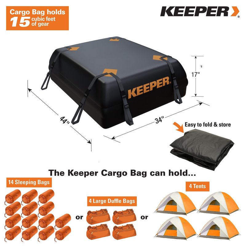 Keeper 15 Cubic Feet Weatherproof Rooftop Cargo Bag, Rooftop Cargo Carrier Bag, for All Vehicle Roof Racks