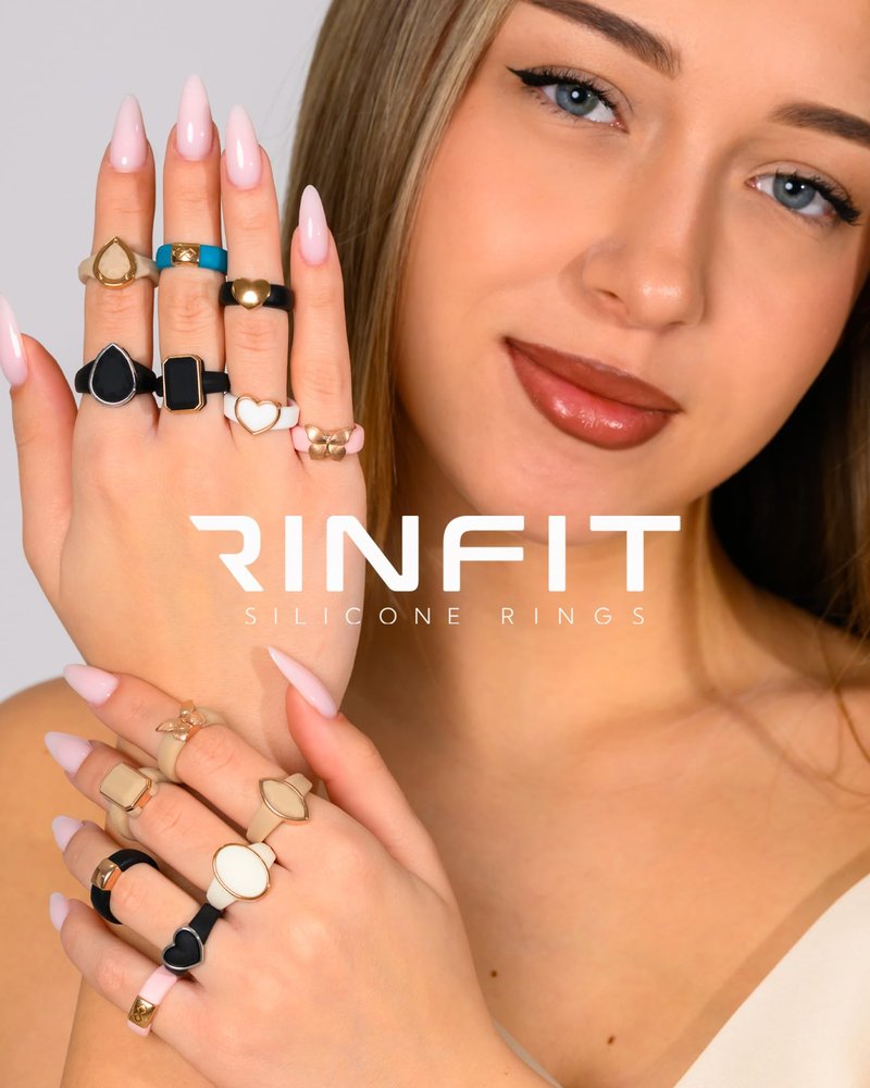 Rinfit Women Silicone Wedding Band - Silicone Rings for Her - MetalInfinity & Heart - Black/Metal Rose Gold - Size 5