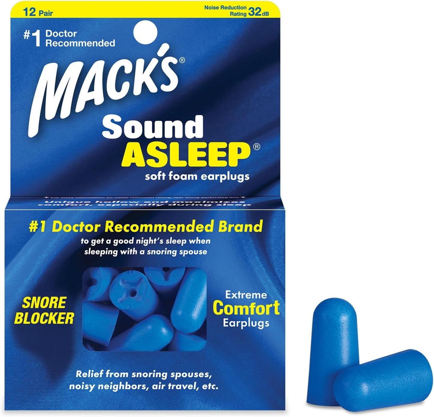 Mack's Sound Asleep Foam Earplugs - 32dB Noise Reduction, Comfortable for Sleeping & Travel | 12 Pairs