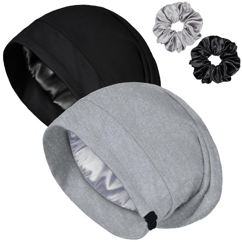 2PCS Satin Bonnet for Sleeping Night Cap, Adjustable Satin Lined Silk Bonnets Sleep Cap for Curly Hair Braids Beanie Black Women
