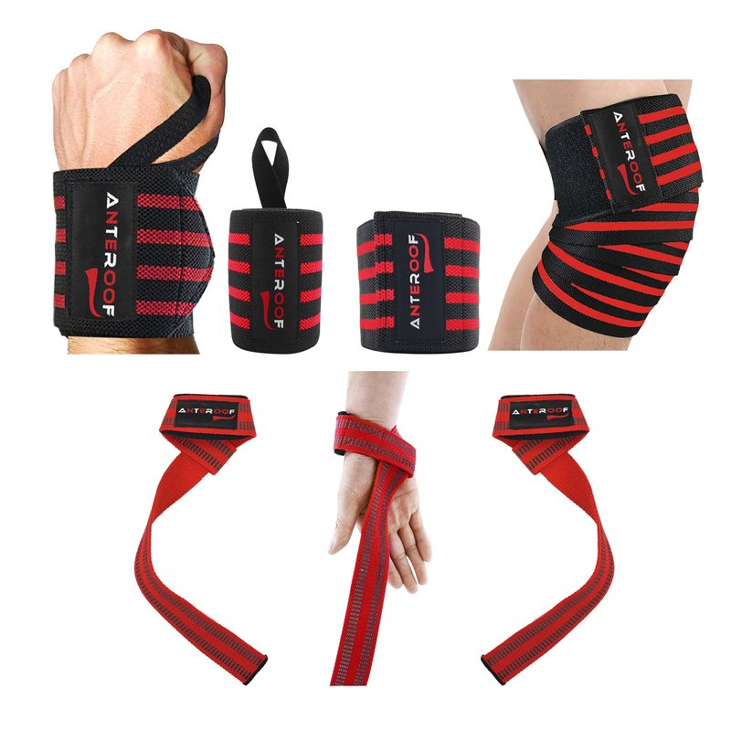 Knee Wraps + Wrist Wraps + Weight Lifting Straps Bundle (3 Pairs) for Weightlifting Bodybuilding Strength Training Workout Gym, Fitness Protective Set for Men & Women(Red)