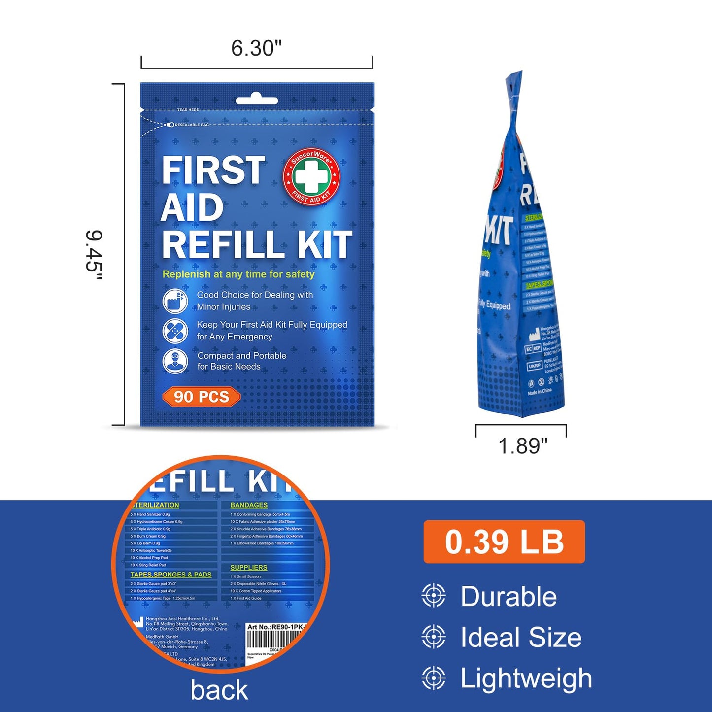 SuccorWare 90 Pieces First Aid Refill Kit - Wound Care Kit Includes Bandages for Home, Travel, Hiking - Portable Replacement Kit for First Aid Medical Supplies（2 Set）