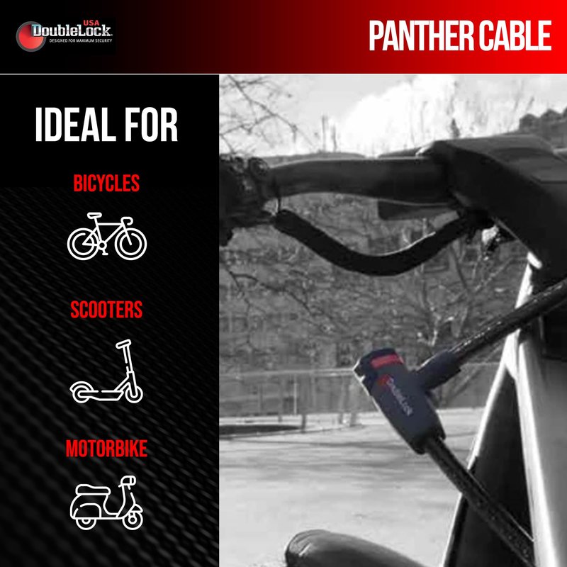 DoubleLock Panther Cable Lock – Heavy-Duty Braided Steel Cable with Fixed Key Lock and Vinyl Coating – Includes 3 Keys – Ideal for Bikes, E-Bikes & Small Equipment
