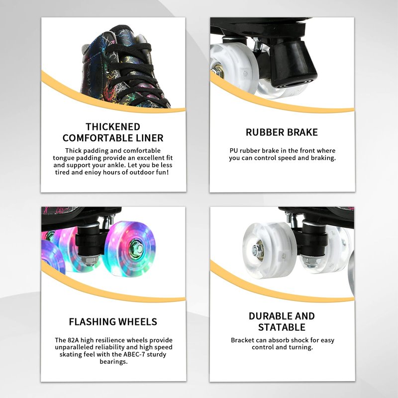 Women's Roller Skates Light Up Wheels, Leather Adjustable Double Row Rolling Skating Illuminating Derby Skate Illuminating for Teens and Youth (Lightning Black Flash Wheel,41)