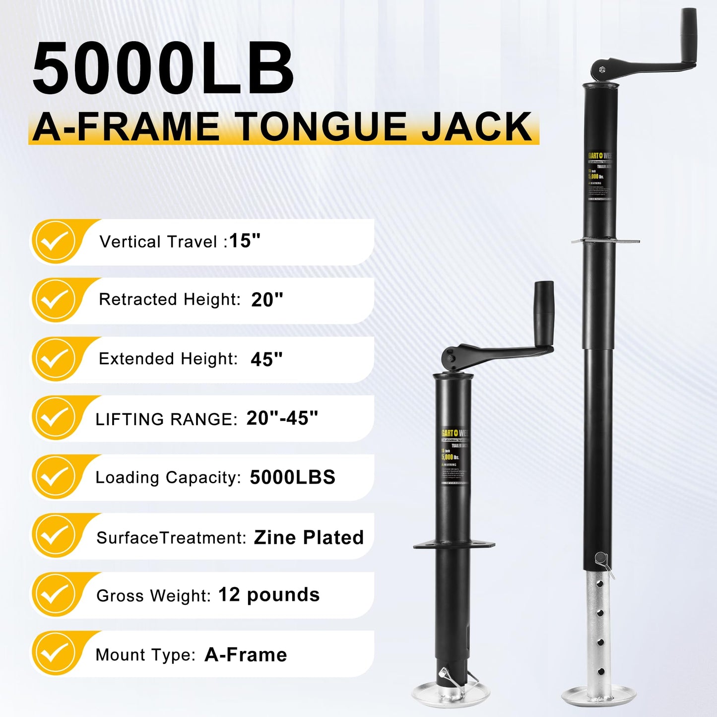 GARTOWEE 5000 lbs A-Frame Trailer Jack, 15" Vertical Travel with Adjustable Drop Leg, Heavy Duty top Wind Trailer Jack for Utility, Yacht, and Camper Trailers