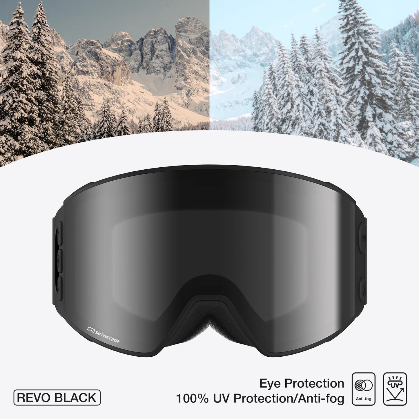SKIWARRIOR Multifunctional Smart Wireless Ski Goggles with Walkie-Talkie, Anti-Fog Zeiss Lens, Music & Call Function (G02-Black)