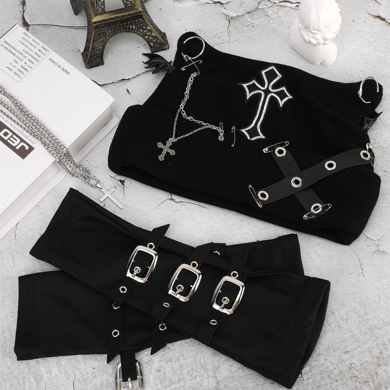 Goth Knitted Beanie Grunge Cat Ear Beanie Hat with Punk Necklace Grunge Arm Warmers for Women Y2K Streetwear Accessories Emo Crochet Hat