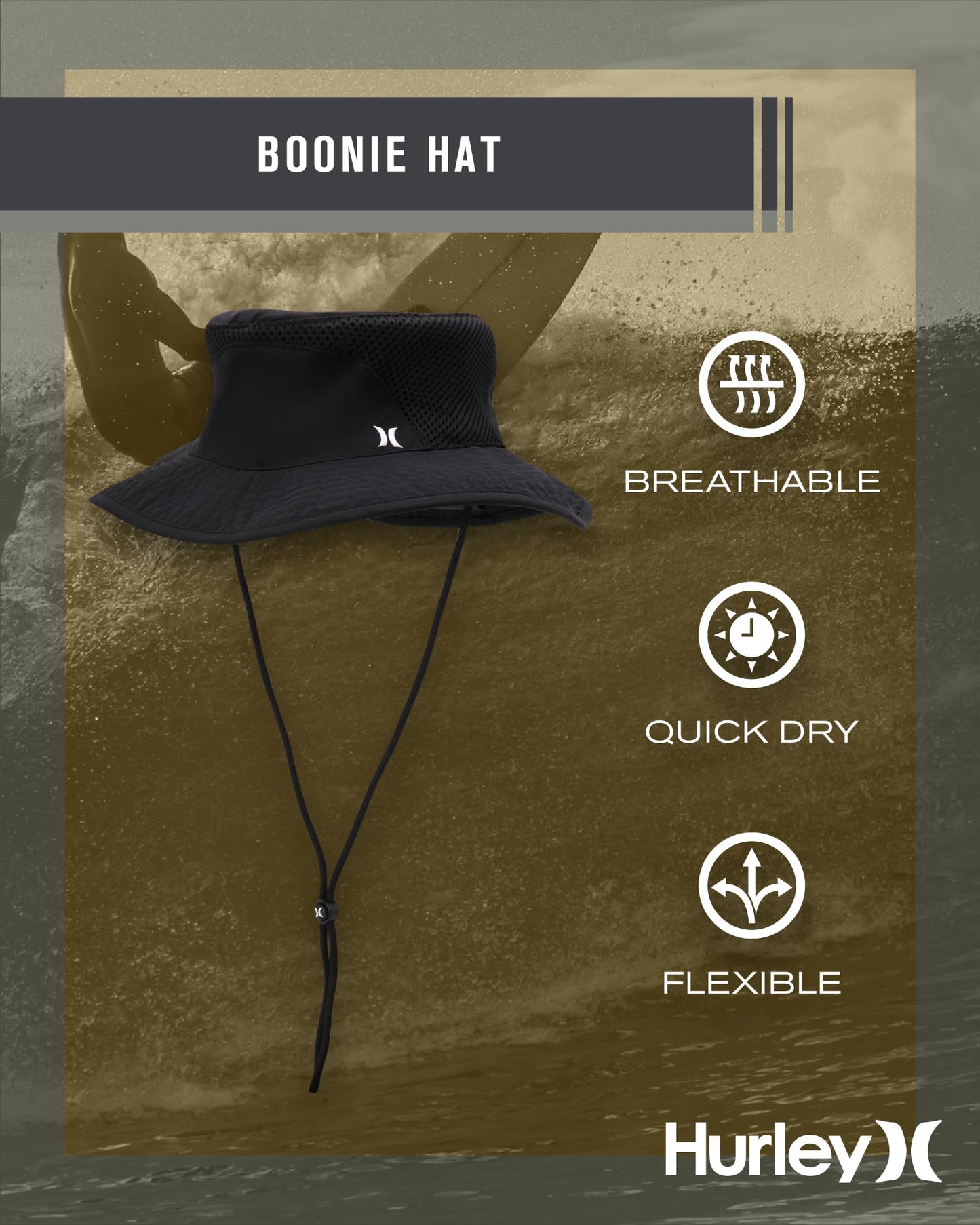 Hurley Men's Boonie Hat - Moisture Wicking and Packable Full Brim Sun Hat UV Protection for Fishing, Hiking, and Safari, Size Small-Medium, Black/White