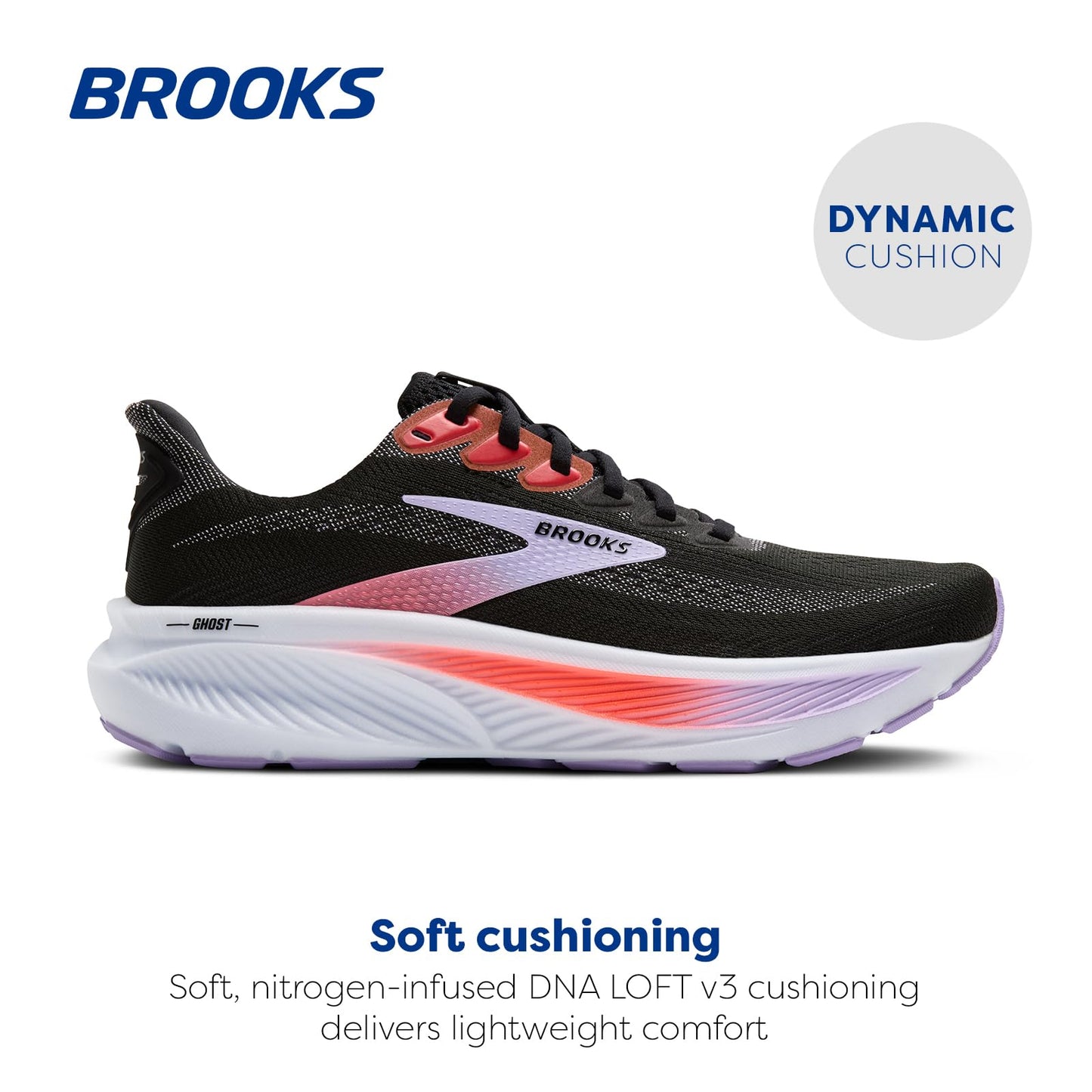 Brooks Women’s Ghost 17 Neutral Running Shoe - Black/Purple/Coral - 5 Medium