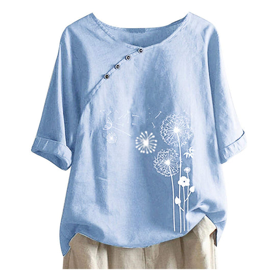 Womens Cotton Linen Short Sleeve Tops Casual Crew Neck T Shirts Embroidered Blouse Plus Size Loose Fit Summer Tunics