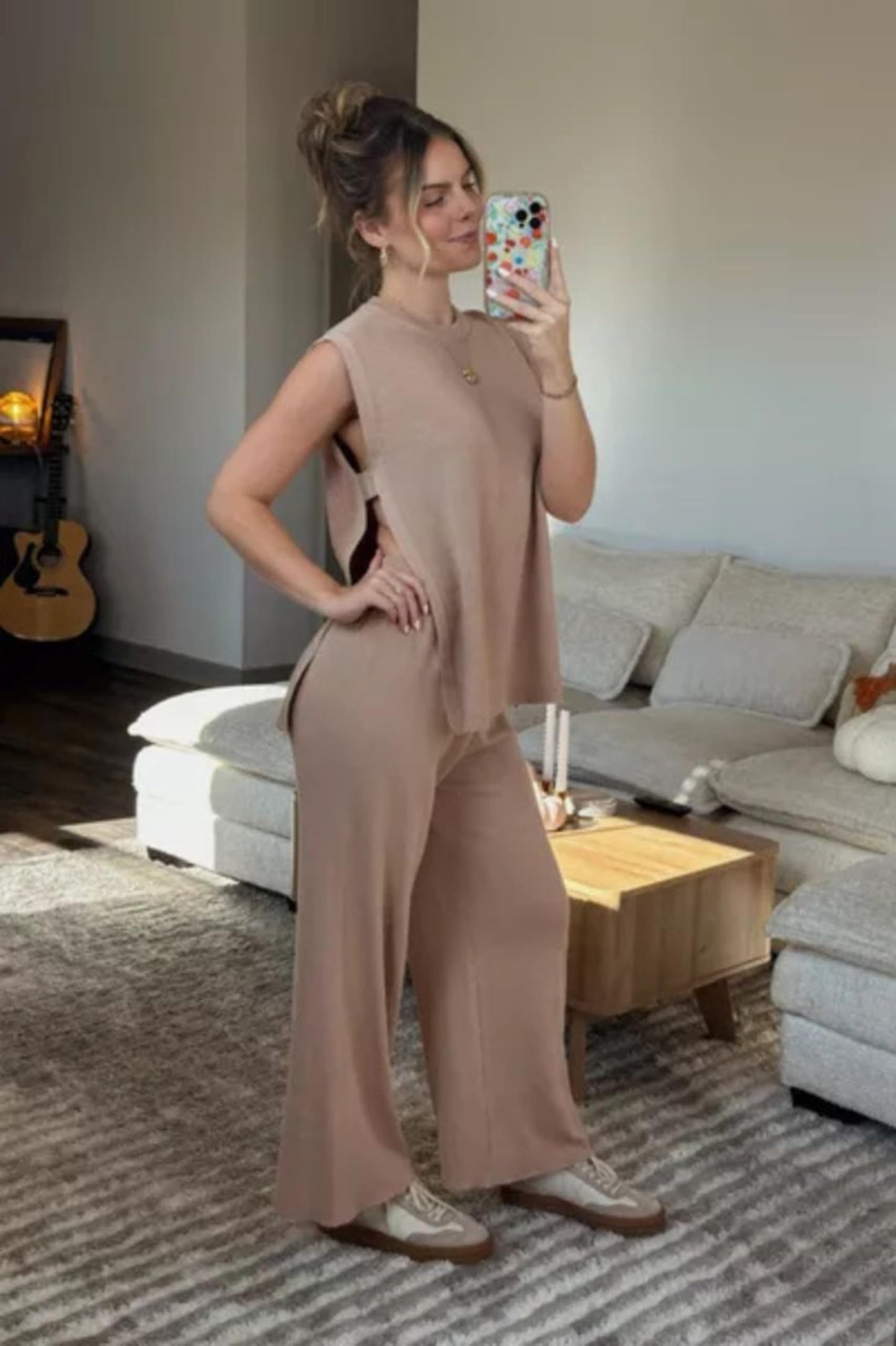Lviefent Womens 2 Piece Outfits Sweater Set Sleeveless Side Slit Pullover Top Knit Wide Leg Pants Lounge Matching Sets (Khaki-M)