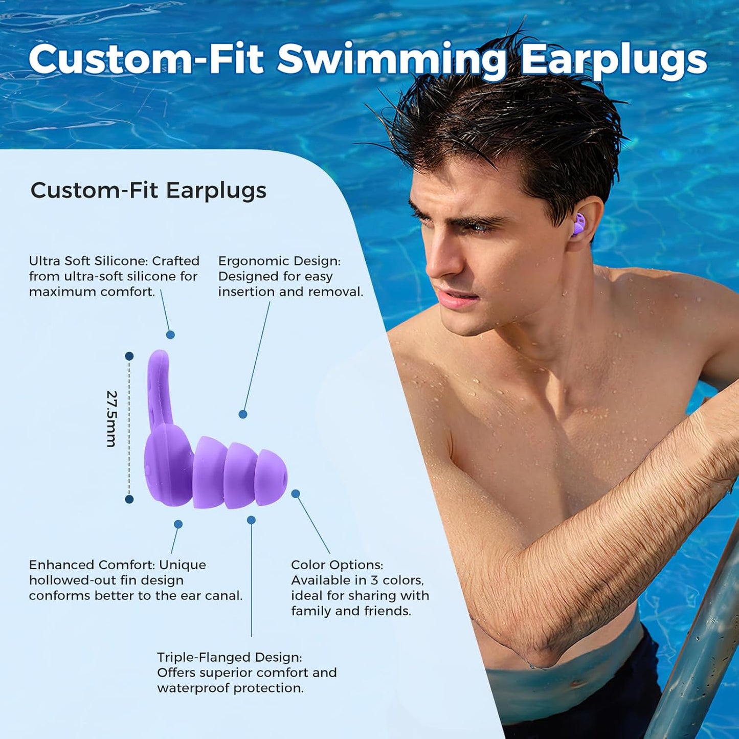 Swimming Earplugs for Adults - Comfortable Waterproof Silicone Design | Perfect for Pool & Beach Use