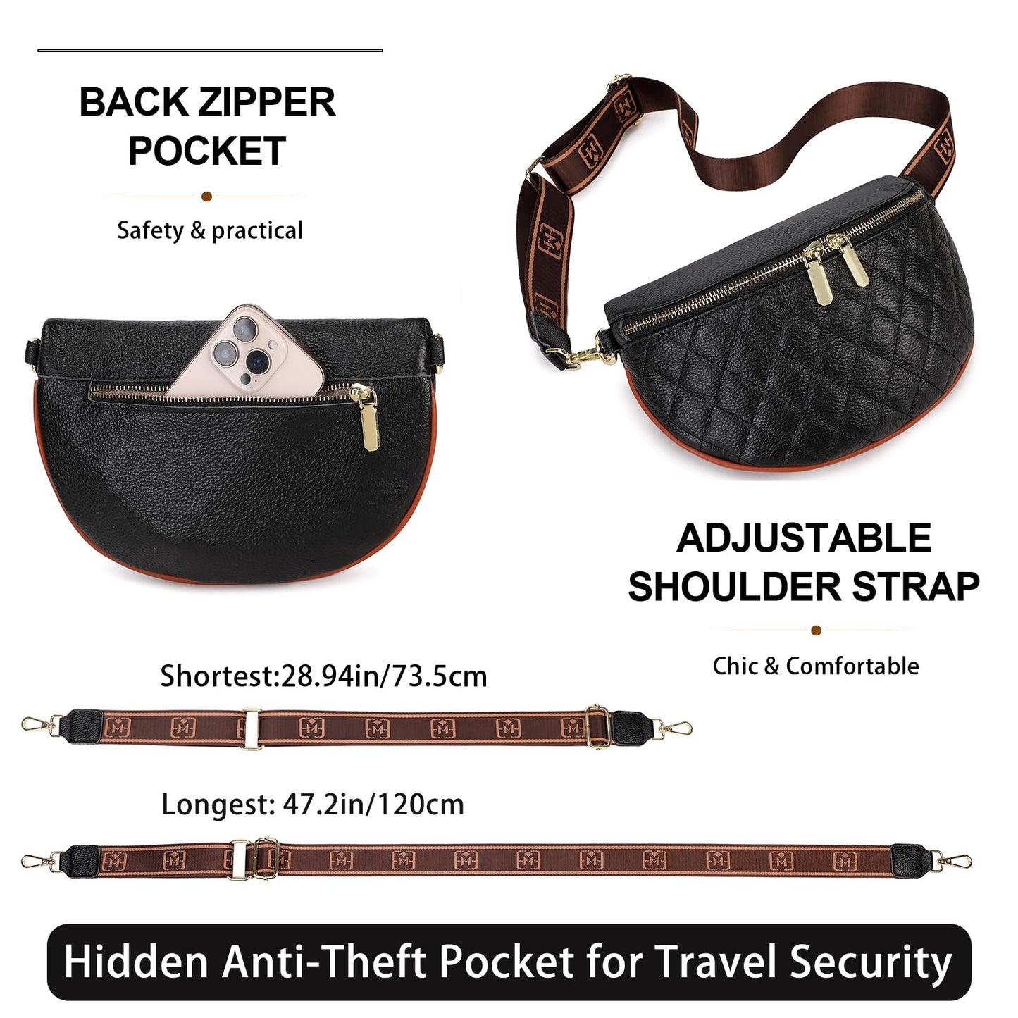 Eslcorri Fashion Waist Packs for Women - Quilted Vegan Fanny Packs Leather Waist Purse Anti Theft Crossbody Belt Bag for Sports Workout Traveling Running Casual - Black