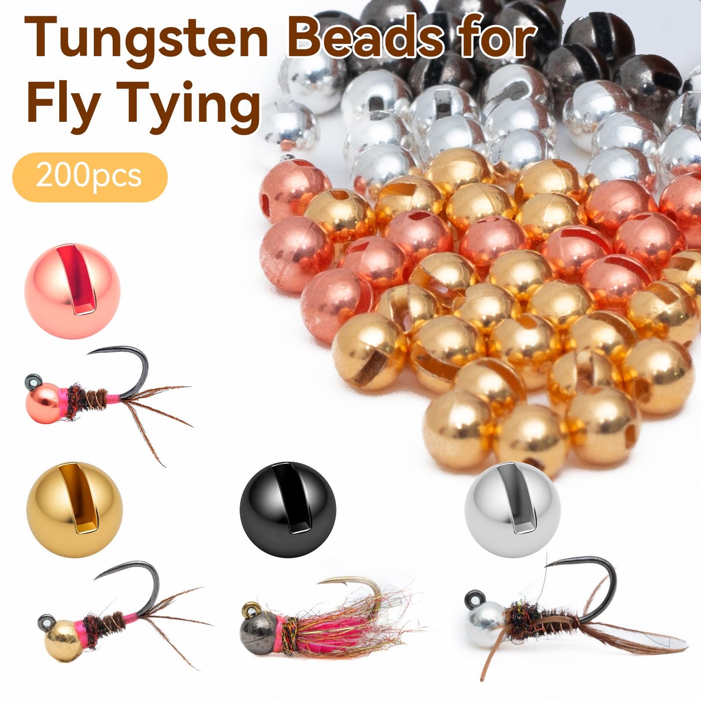 Gainfite 200pcs Fly Tying Tungsten Beads Slotted Nymph Head Ball (2.3mm, 4 Colors) for Fly Tying Materials, Fishing Accessories, Nymph Fishing