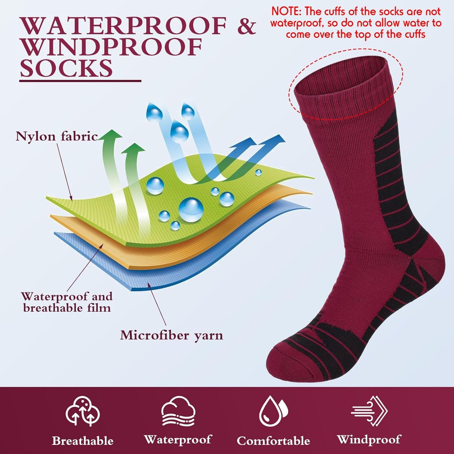 Jeyiour Waterproof Socks for Men & Women - Breathable, Durable, Ideal for Skiing & Hiking | 2 Pairs