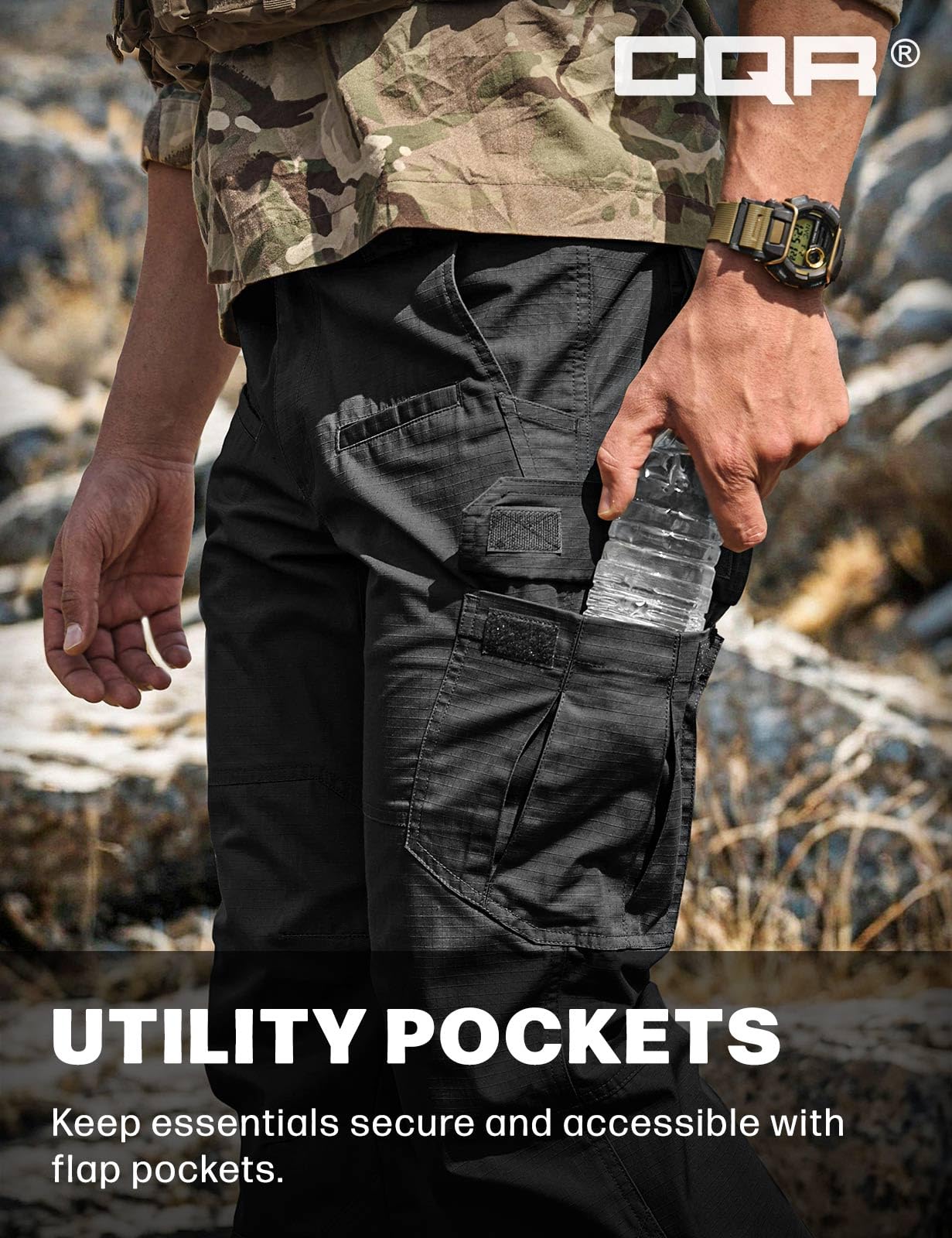 CQR Men's Tactical Pants, Water Resistant Ripstop Cargo Pants, Lightweight EDC Work Hiking Pants, Outdoor Apparel, Raider Black, 30W x 32L