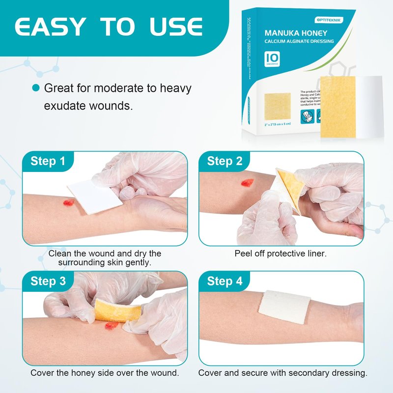 OPTITEKNIK Manuka Honey Calcium Alginate Wound Dressing 2"x2" Pack of 10, Medical Grade Manuka Honey Wound Care Bandages High Absorbency Patches for Wounds