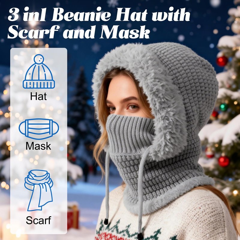 3 in 1 Beanie Hat with Scarf and Mask,Beanie Hat for Women,Winter Warm Knitted Ski Scarf&Mask Set,Face Cover&Neck Gaiter(Gray,1pc)