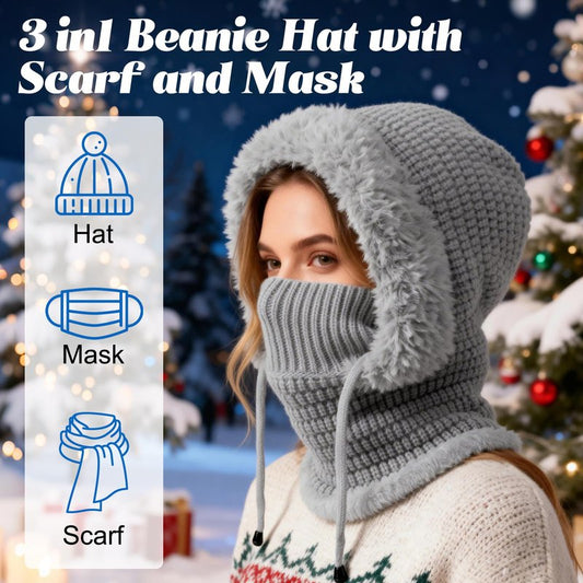 3 in 1 Beanie Hat with Scarf and Mask,Beanie Hat for Women,Winter Warm Knitted Ski Scarf&Mask Set,Face Cover&Neck Gaiter(Gray,1pc)