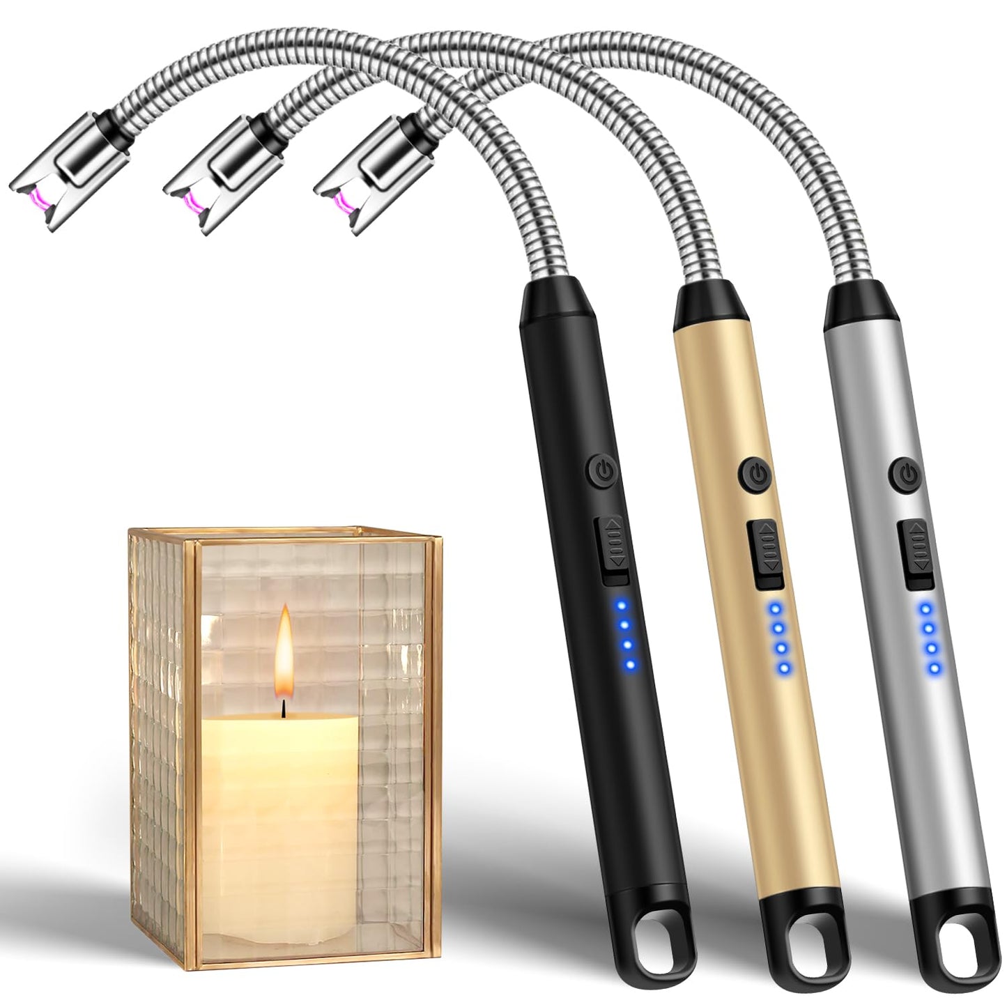 LcFun 3 Pack Electric Candle Lighter Windproof USB Rechargeable Plasma Lighter with LED Battery Display, Flameless Long Arc Lighters for Grill BBQ Camping Fireplace Stove(Black,Silver,Gold)