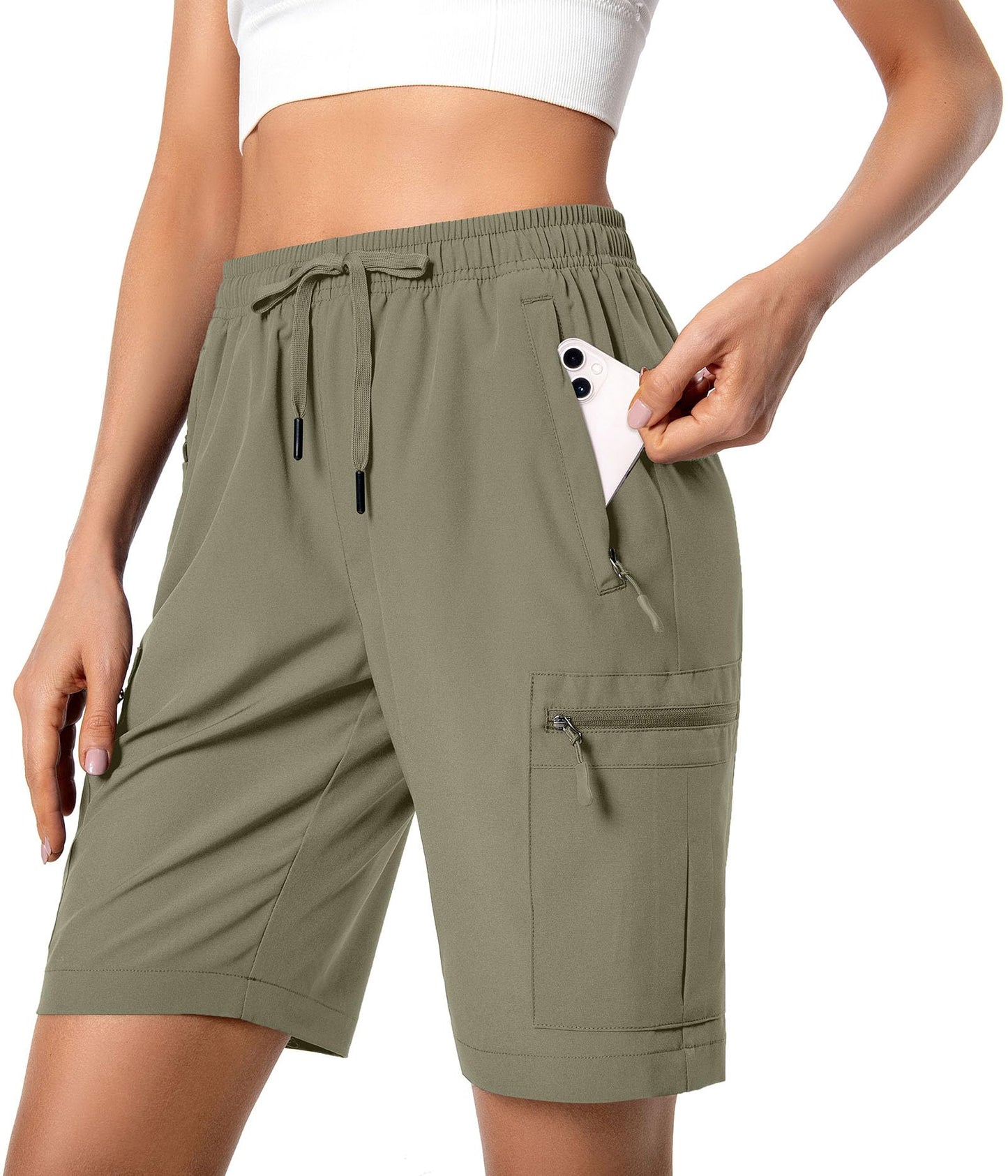 Hugut Women's Lightweight Hiking Cargo Shorts Quick Dry Athletic Shorts Camping Travel Golf Zipper Pockets Water Resistant Slate Green