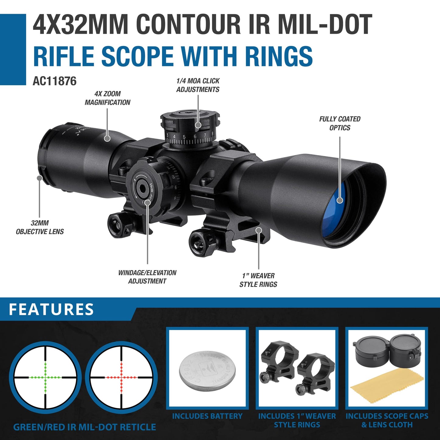 Barska Compact 4x32 Rifle Scope with Red/Green Illuminated Mil-Dot Reticle – Side Rheostat, Sunshade, Flip-Up Caps, External Turrets, Waterproof/Fogproof