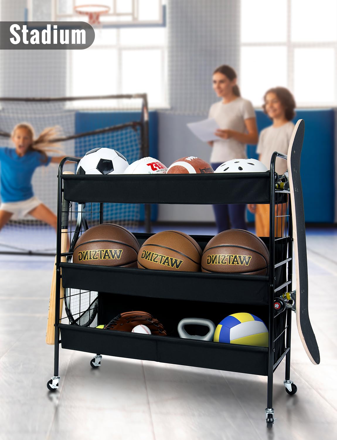 StorageWorks Sports Equipment Organizer with Hooks, Ball Rack Organizer with Wheels, 3-Shelf Ball Rack for Basketball, Football, Volleyball, Large