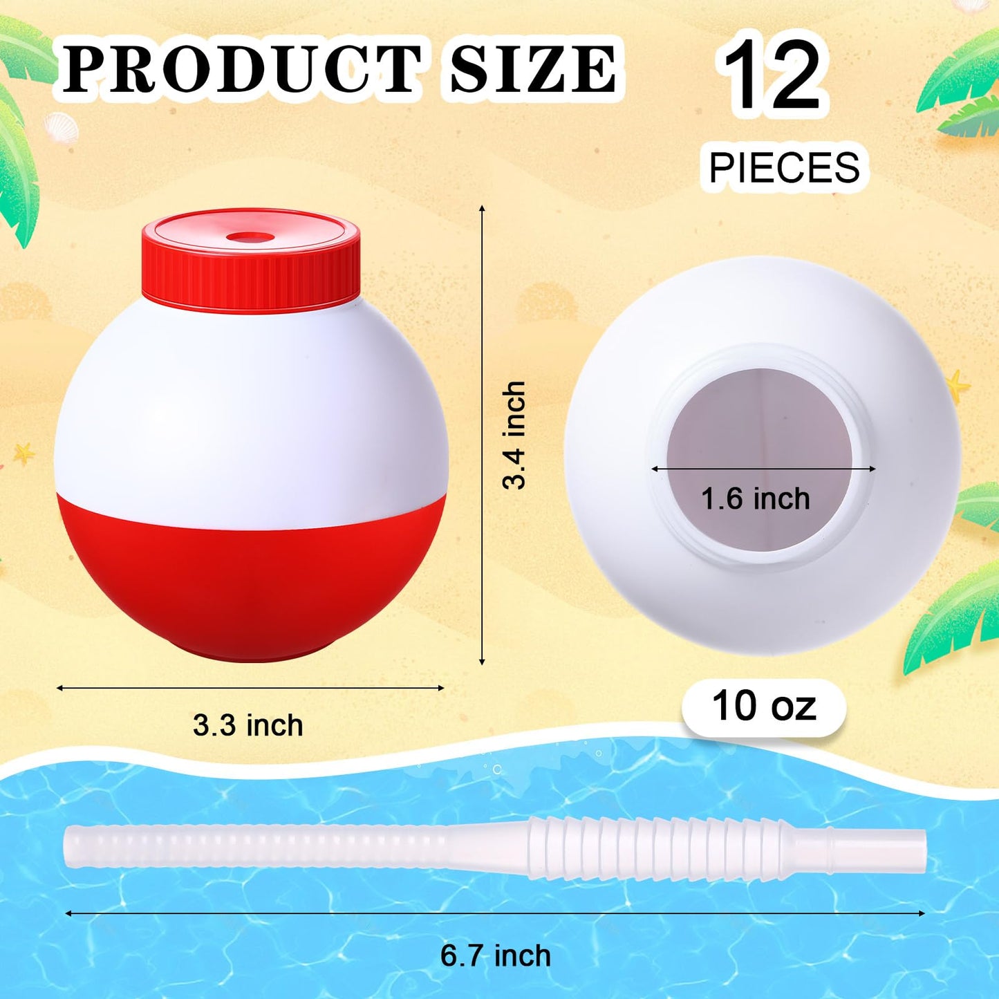 FillTouch 12 Set Fishing Bobbers Cups with Straws and Lids 10 oz Fun Fishing Birthday Party Decorations Red and White Plastic Cups for Kids Fishermen Pool Party Decorations