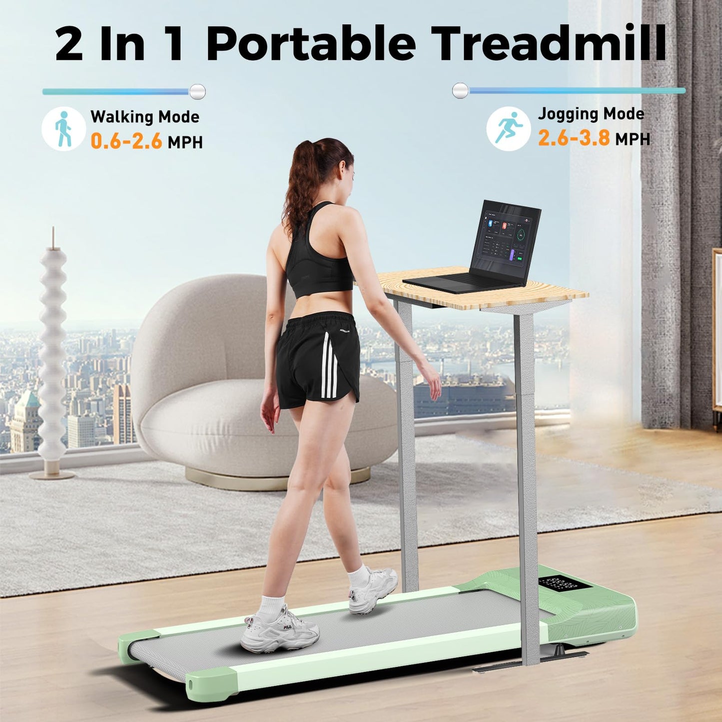 MJWW Walking Pad Treadmill, Under Desk Treadmill for Home Office, Small Portable Walking Treadmill 300 lbs Capacity, 2 in 1 Small Space Desk Treadmill with APP, Remote Control