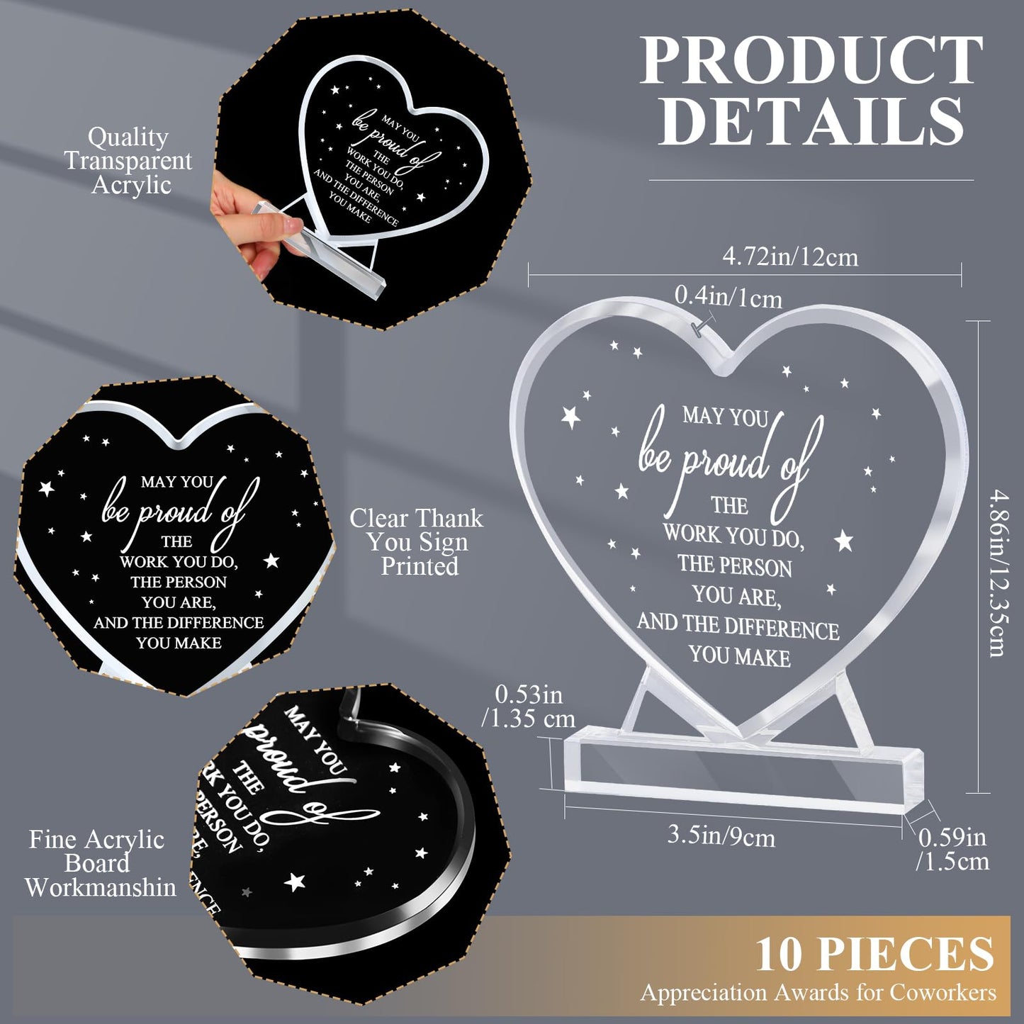 10 Pcs Employee Appreciation Awards for Coworker Acrylic Thank You Trophy May You Be Proud of The Work You Do Sign Prizes for Adults Retirement Goodbye Farewell Gift for Women Men (Heart)