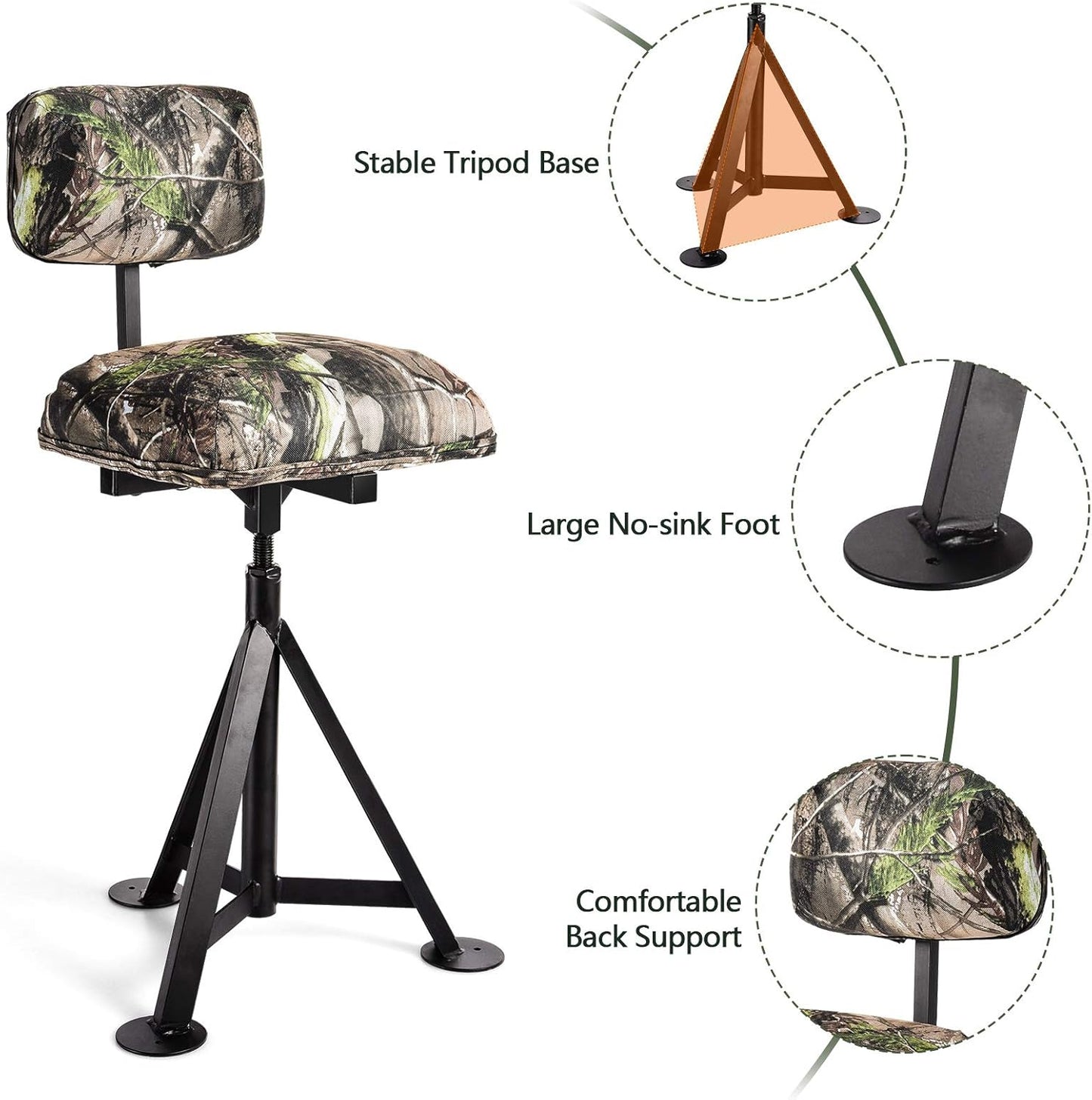 Swivel Hunting Chair - 360° Rotatable Camo Folding Seat | Adjustable Blind Stool with Backrest for Outdoor Activities