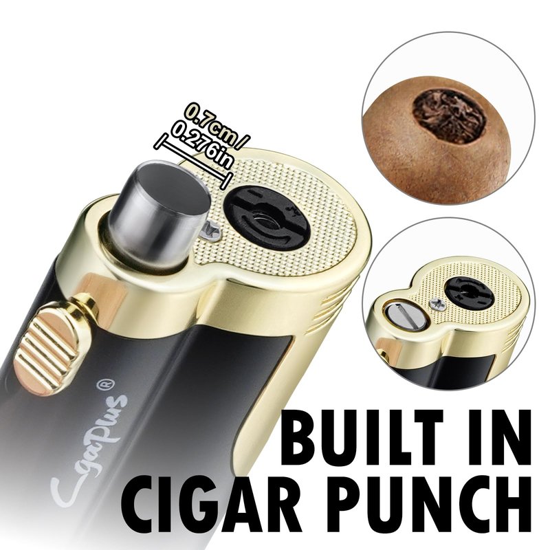 GUEVARA Cigar Butane Torch Lighter with Punch Windproof Double Jet Lighters (Black-Gold)