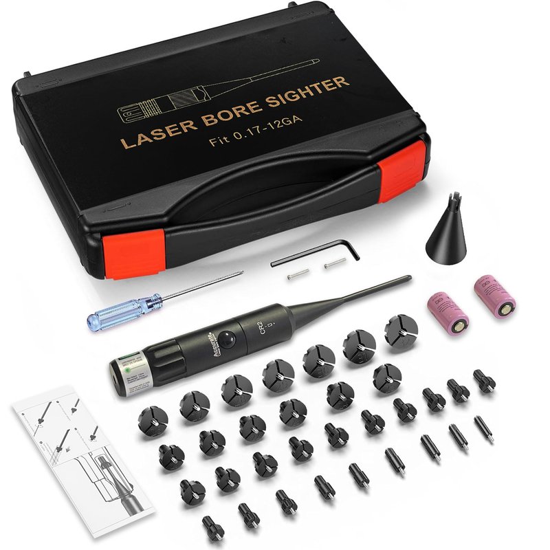 UUQ Professional Laser Bore Sight Kit with Button Switch,Green Laser Bore Sighter with 32 Adapters for 0.17 to 12GA Calibers,Suitable for Pistol Rifle Airsoft & Shotgun,Powerful Hunting Equipment