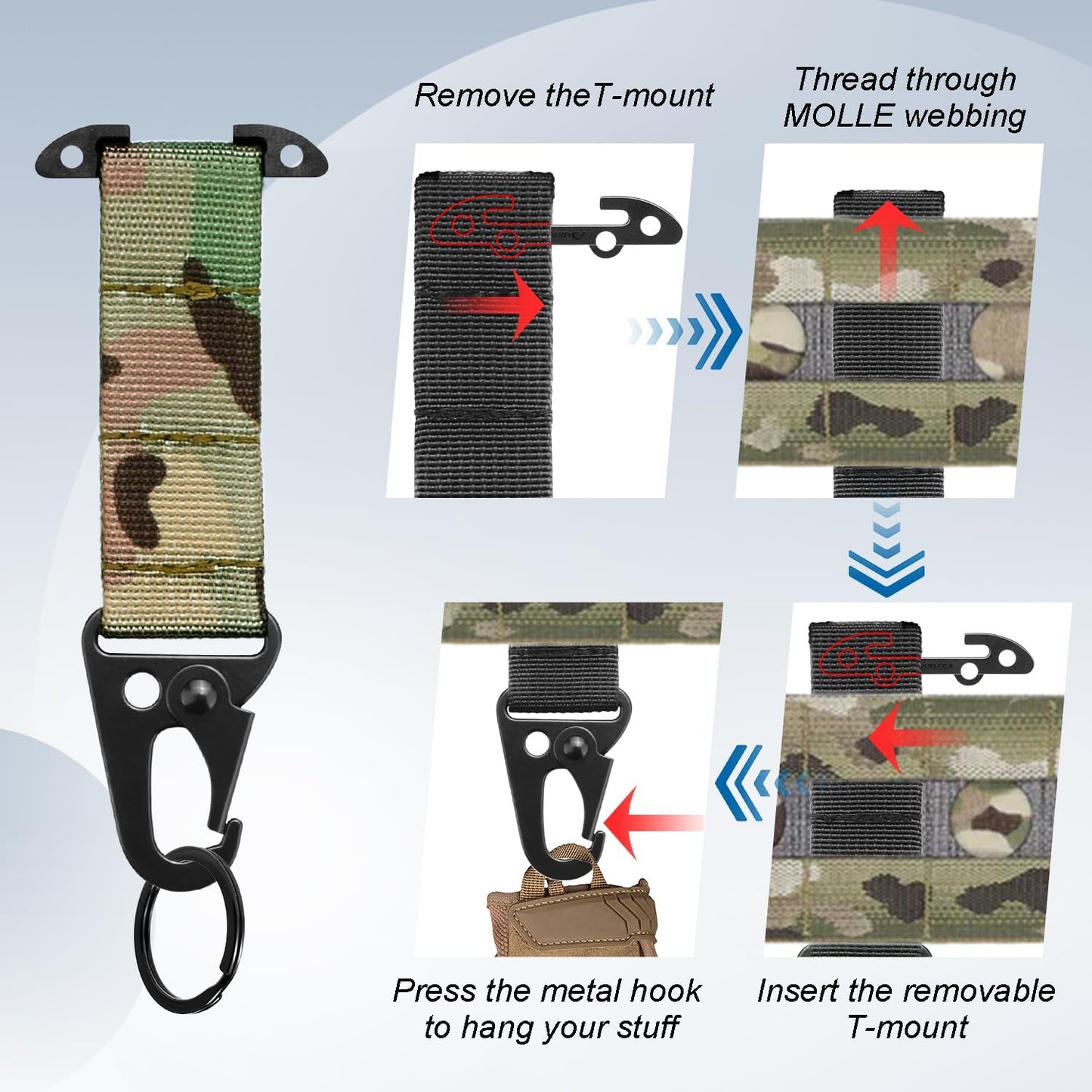 Tactical Molle Clips - 2 Pack T-Mount Key Holder Carabiner Clip for Keys & Gloves