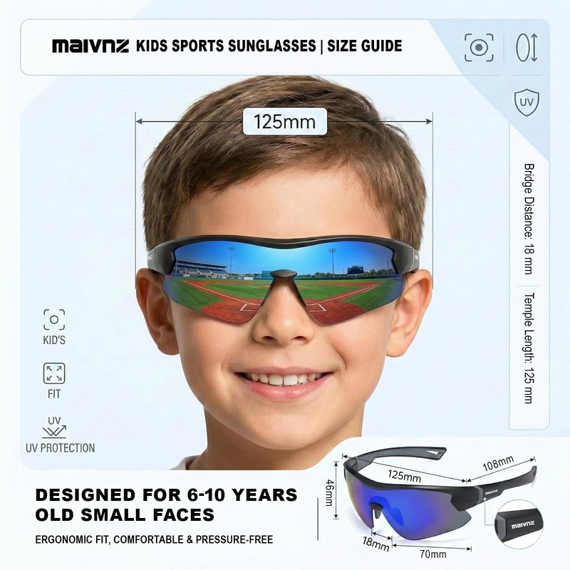 maivnz Youth Baseball Sunglasses for Boys and Girls Ages 6-12, Kids Sports Glasses for Softball Cycling, Helmet Compatible（Black/Blue