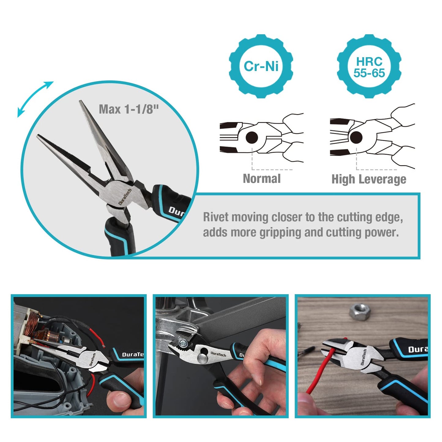 DURATECH 5-Piece Cr-Ni Pliers Set, 6" Long Nose, Slip Joint, Diagonal Cutting, 8" Linesman, Groove Joint Pliers, Easy Storage Oxford Rolling Pouch