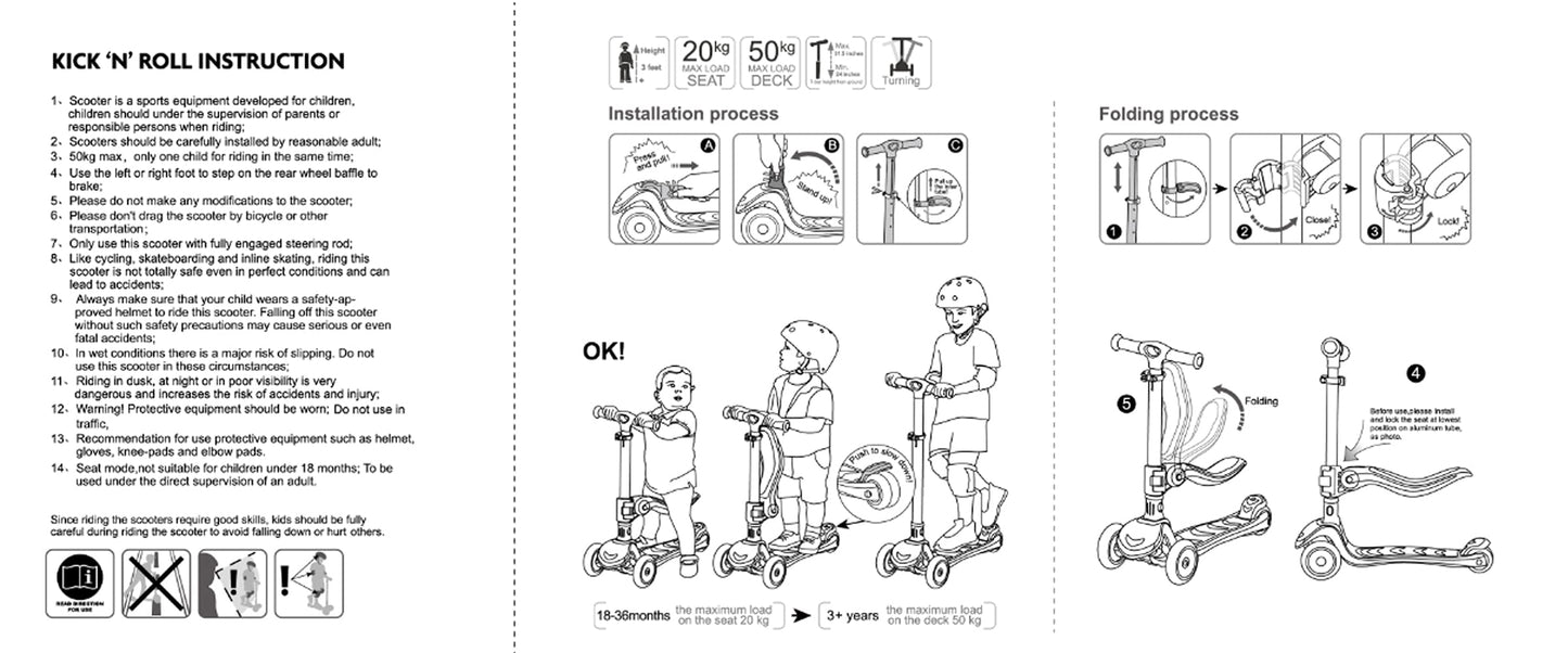 Kicknroll Kids Kick Scooter 2-in-1 Light Up 3 Wheel Scooters with 4 Levels Adjustable Handlebar, Folding Seat, Extra Wide No-Slip Deck for Girls Boys Ages 3-8 Years Old Max 110 Lbs