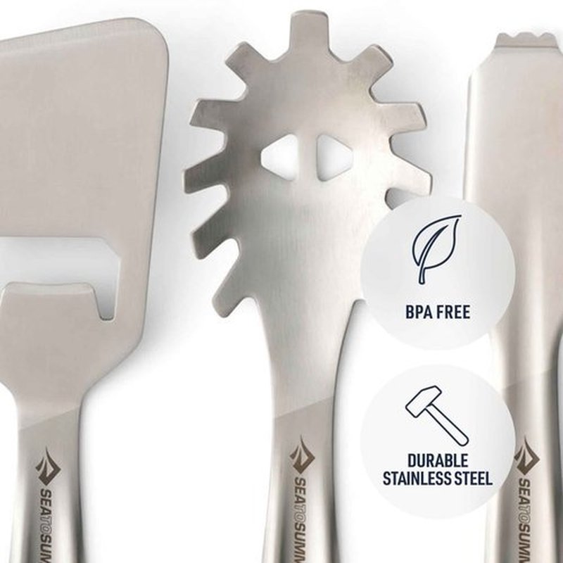 Sea to Summit Detour Stainless Steel Camping Utensil Set for Cooking and Serving (Serving Spoon, Slotted Spoon, Tongs, Spatula)