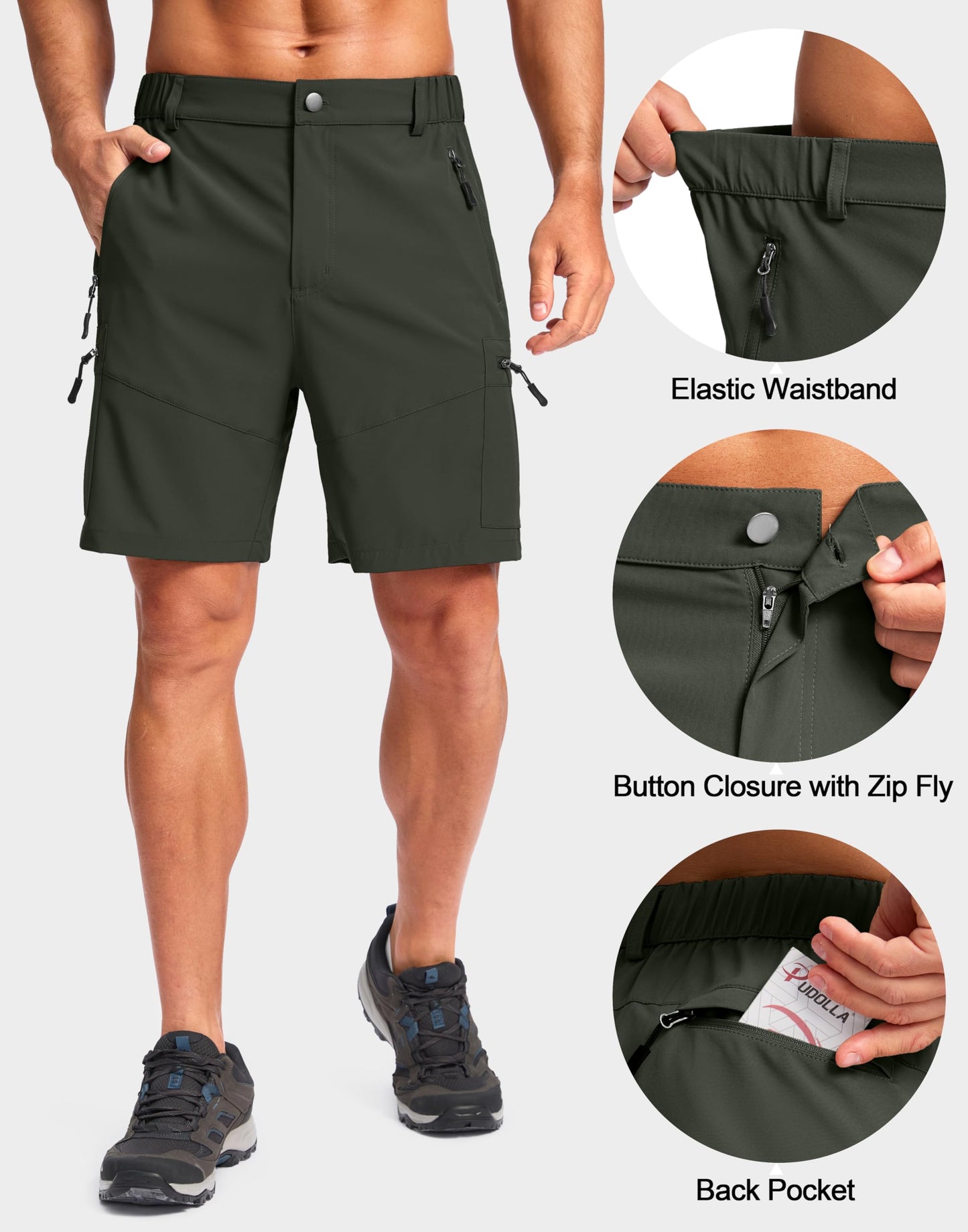 Pudolla Men's Hiking Cargo Shorts Lightweight 7" Travel Casual Shorts for Men Golf Work Outdoor with 5 Zipper Pockets(Army Green Large)