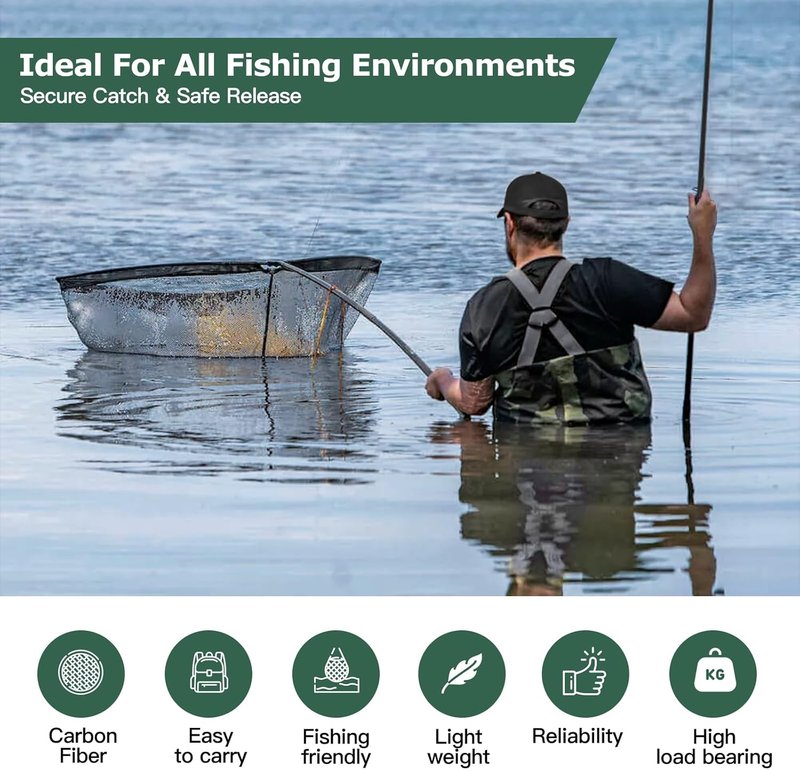 Carp Fishing Landing Net - 42 Inch Extra Large Carbon Fiber Net | 6 Feet Long Handle, Holds Up to 88lbs, Olive Green