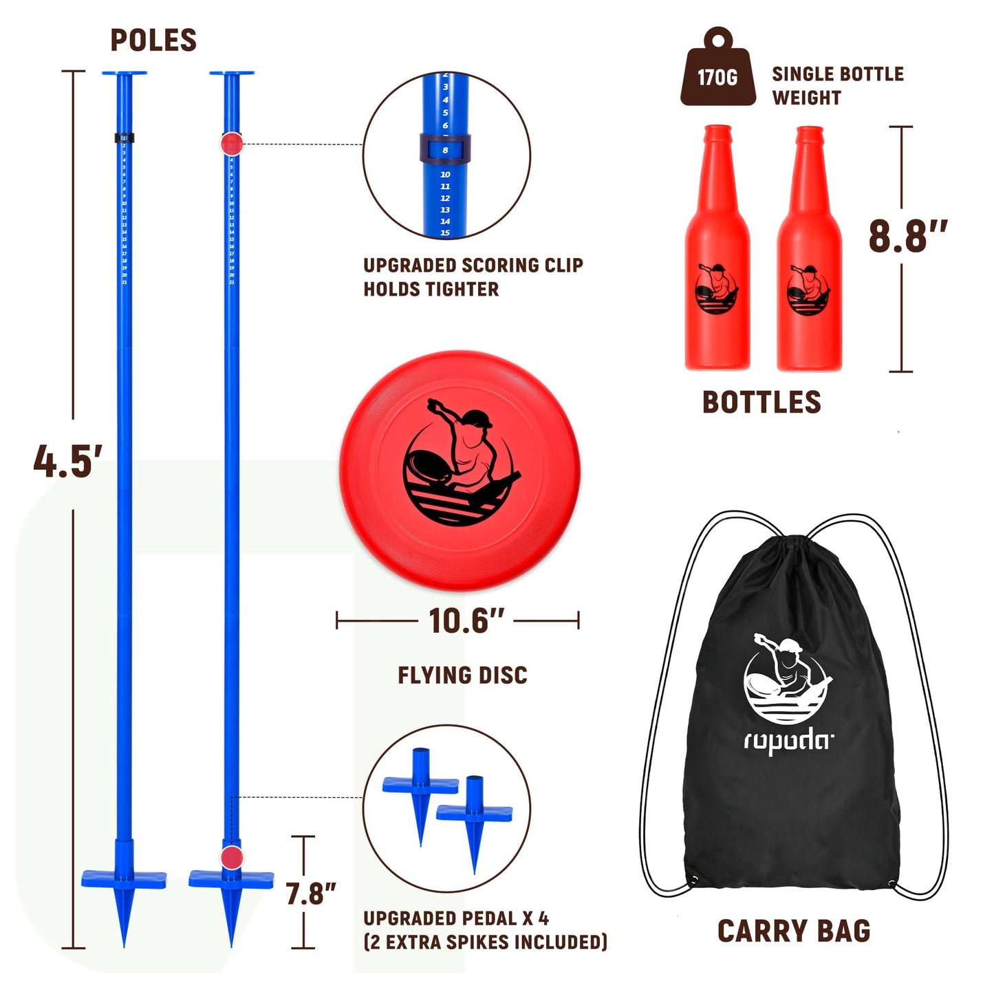 ropoda Outdoor Games -Upgraded Flying Disc Game Set with Thicker Pole Standard, Portable Disc Toss Game for Lawn and Beach with Reinforced Ground Spike (Includes 2 Extra)