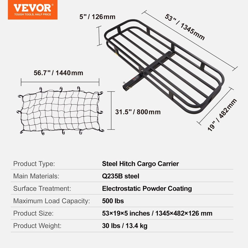 VEVOR 53 x 19 5 in Hitch Cargo Carrier, 500lb Capacity Trailer Mount Basket, Steel Luggage Carrier Rack Fits 2'' Receiver for SUV Truck Pickup with Net, Stabilizer, Straps, Black