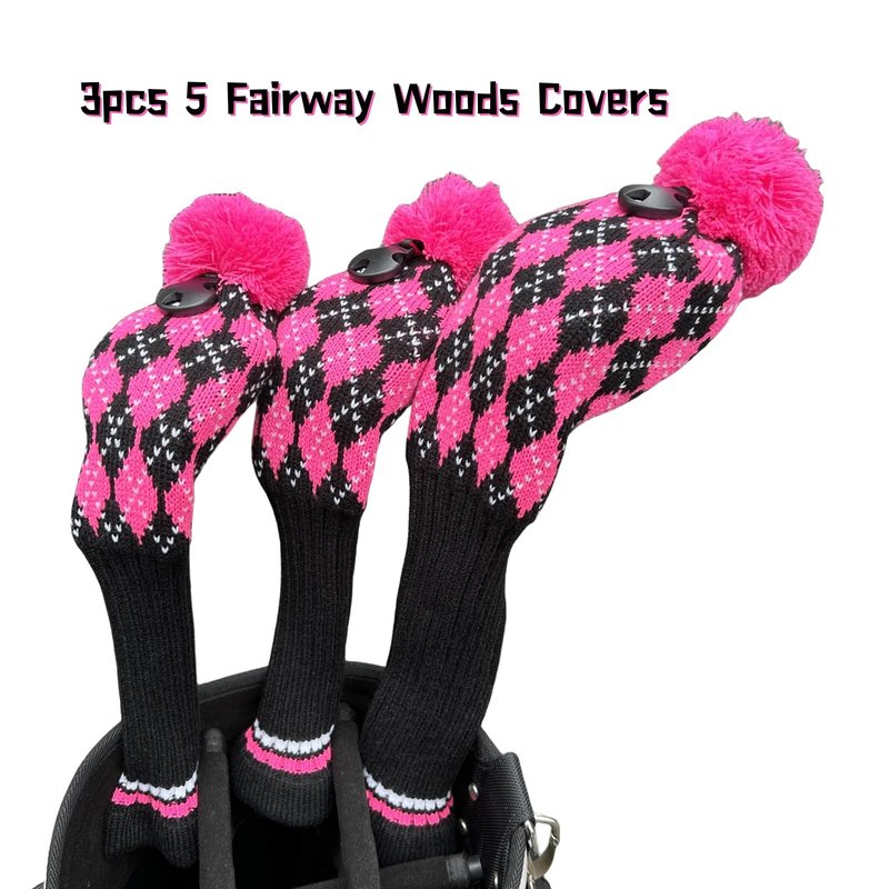 3pcs Knit Pink Golf Club Head Covers, Golf Driver 3 5 Fairway Woods Covers, Pom Pom Golf Wood Headcovers Covers for Driver, 3 5 Woods Women