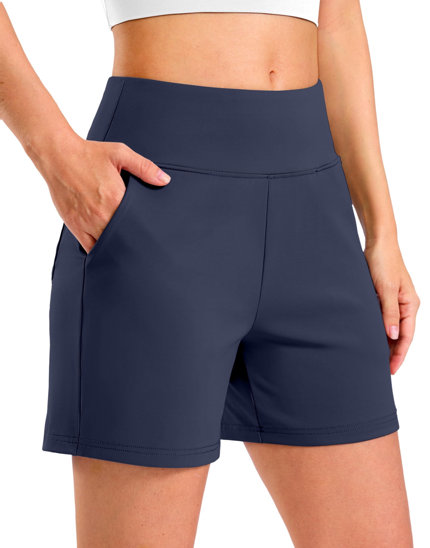 G Gradual Women's Bermuda Long Shorts with Pockets 7" High Waisted Knee Length Shorts for Women Walking Athletic Workout(Navy-L7,M)