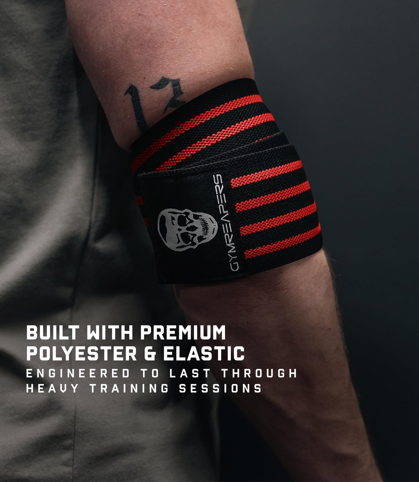 Gymreapers Weightlifting Elbow Wraps (1 Pair) - Flexible 40'' Elbow Compression Strap & Joint Support Brace - For Bench Press, Powerlifting, and Pressing (Red)