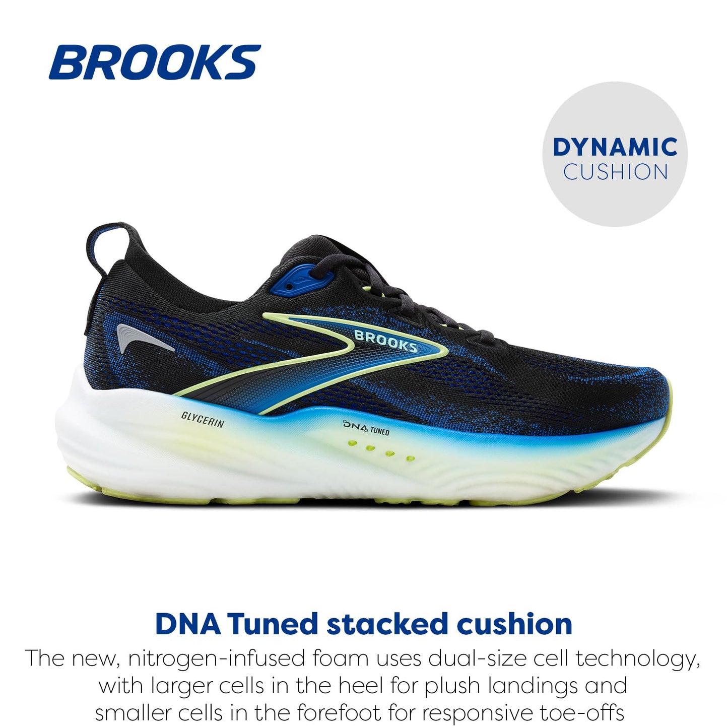 Brooks Men’s Glycerin 22 Neutral Running Shoe - Black/Cobalt/Neo Yellow - 10 Medium