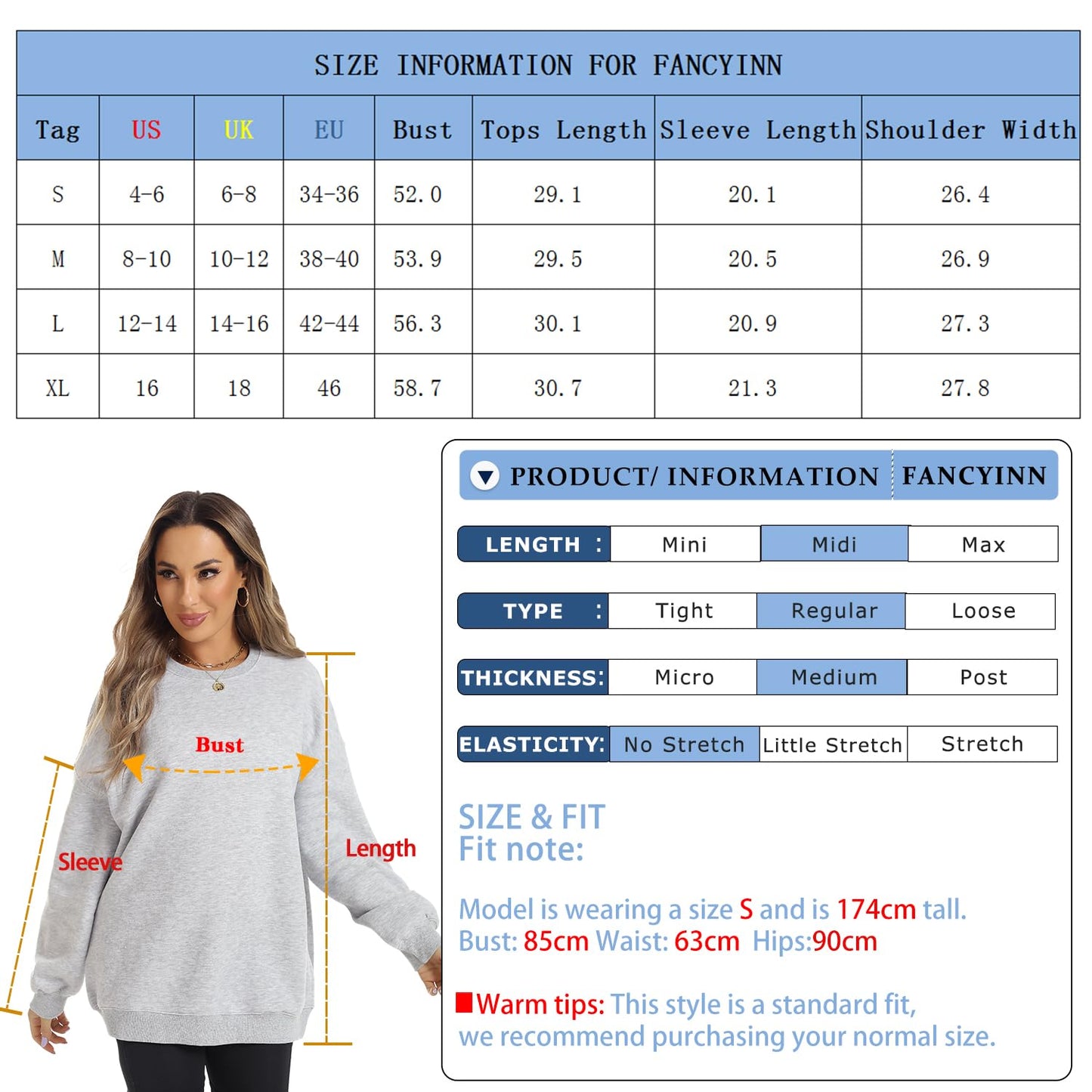 FANCYINN Womens Oversized Sweatshirts Long Sleeve Loose Pullover Solid Fleece Tops Fall Winter Grayish Green S